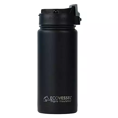 EcoVessel Perk Vacuum Insulated Coffee Tumbler and Tea Bottle, 16oz Stainless Steel Travel Infuser with Strainer and Push-Button Lid