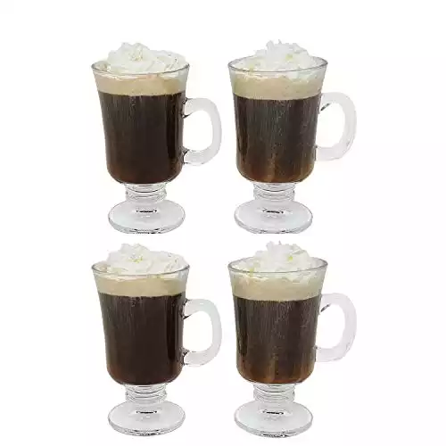 Irish Coffee Glass Coffee Mugs Footed Regal Shape 8 oz. Set of 4 Thick Wall Glass Cappuccinos, Mulled Ciders, Hot Chocolates, Ice cream and More!