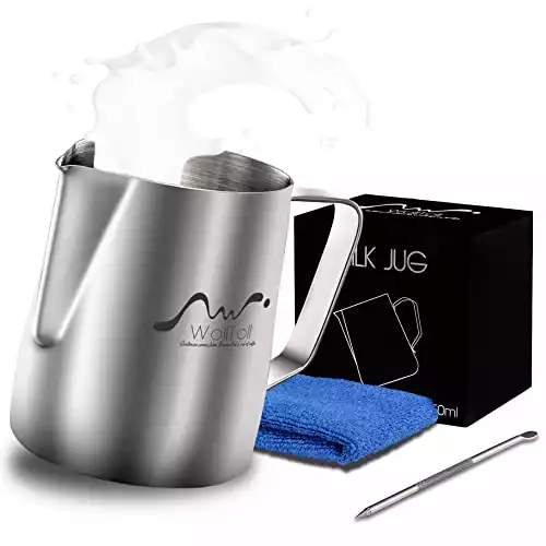 Stainless Steel Milk Frothing Pitcher, 12oz/350ml Milk Coffee Cappuccino Latte Art Frothing Pitcher Barista Milk Jug Cup, Measurements on Both Sides Inside Decorating Art Pen & Microfiber Cloth