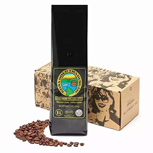 Kona Gold Coffee Whole Beans - 16 oz, by Kona Gold Rum Co. - Freshly Roasted Medium/Dark Roast Extra Fancy - 100% Kona Coffee | Peach Notes With Creamy Tones
