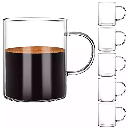 Glass Coffee Mugs Set of 6, Aoeoe 15 oz Large Coffee Mug, Wide Mouth Glass Mugs, Mocha Hot Beverage Mugs, Clear Espresso Cups with Handle, Glass Cup for Hot or Cold Latte, Cappuccino, Tea, Juice, Beer
