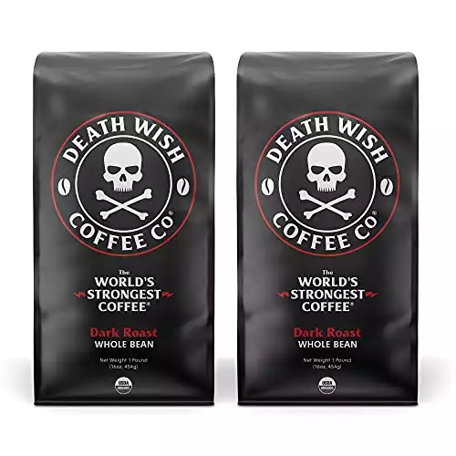Death Wish Coffee Whole Bean Dark Roast - The World's Strongest Coffee - USA Organic Coffee Beans Bundle/Bulk - Fair Trade Arabica & Robusta Coffee - Real Dark Roast Coffee Beans (16 Oz, 2-Pa...