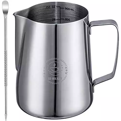 Milk Frothing Pitcher 32oz,Espresso Steaming Pitcher 32oz,Espresso Machine Accessories,Milk Frother Cup 32oz,Milk Coffee Cappuccino Latte Art,Stainless Steel Jug