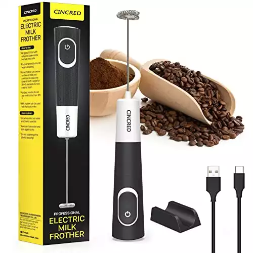 CINCRED Milk Frother Rechargeable Operated Frother for Coffee, Frother Whisk,Handheld Frother and Electric Mixer Coffee Frother for Frappe, Latte, Matcha, Stand Included