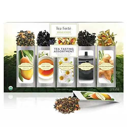 Tea Forte Single Steeps Loose Leaf Tea Sampler, Assorted Variety Tea Box, 15 Single Serve Pouches (Assorted - Tea Tasting)