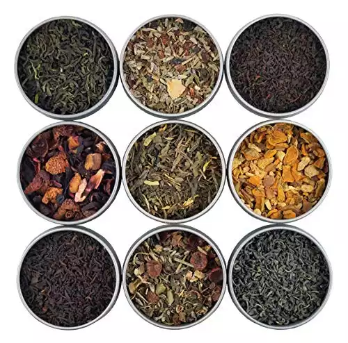 Heavenly Tea Leaves Organic Loose Leaf Tea Sampler Set, 9 Assorted Black Teas, Green Teas & Herbal Teas (Approx. 90 Servings) - Variety Pack, Naturally Caffeinated Teas & Caffeine Free Herbal ...