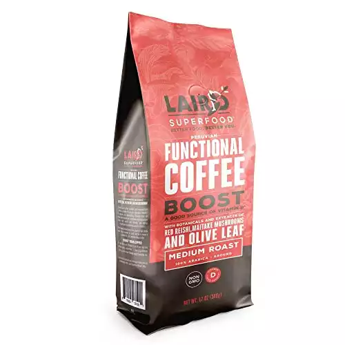 Laird Superfood Boost Coffee, Medium Roast Ground Beans Infused with Functional Mushrooms, Vitamin D and Olive Leaf Powder, 12 oz. Bag