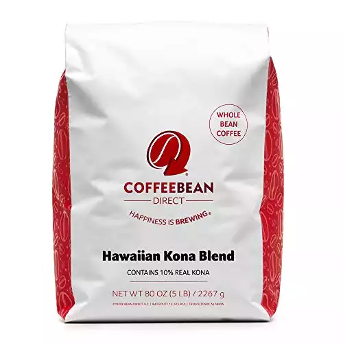 Coffee Bean Direct Hawaiian Kona Blend Coffee, Light Roast, Whole Bean, 5 Pound