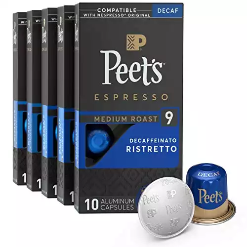Peet's Coffee, Medium Roast Decaf Espresso Pods Compatible with Nespresso Original Machine, Decaf Ristretto Intensity 9, 50 Count (5 Boxes of 10 Espresso Capsules), Coffee Gifts