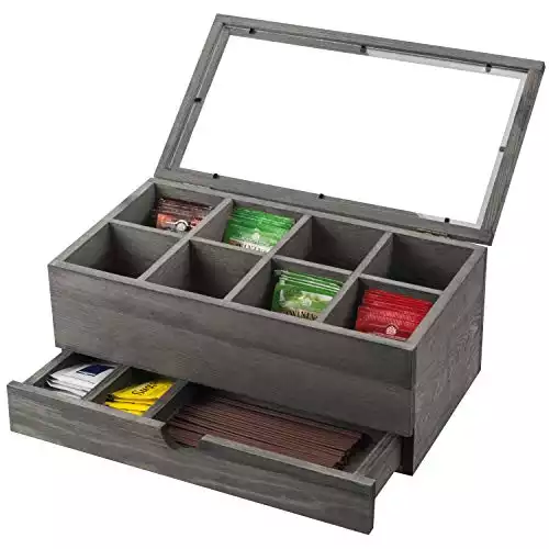 MyGift Vintage Gray Wood Tea Bag Holder Storage Box with 8 Compartments, Clear Lid and Pull Out Drawer for Condiments