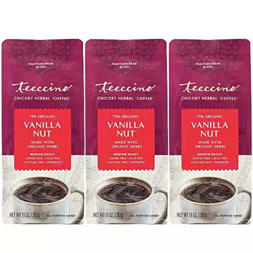 Teeccino Chicory Coffee Alternative – Vanilla Nut – Ground Herbal Coffee That’s Prebiotic, Caffeine-Free & Acid Free, Medium Roast, 11 Ounce (Pack of 3)