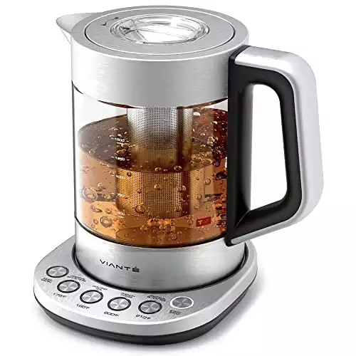 Hot Tea Maker Electric Glass Kettle with tea infuser and temperature control. Automatic Shut off. Brewing Programs for your favorite teas and Coffee. Stainless Steel Water Boiler. BPA-FREE 1.6 liters.