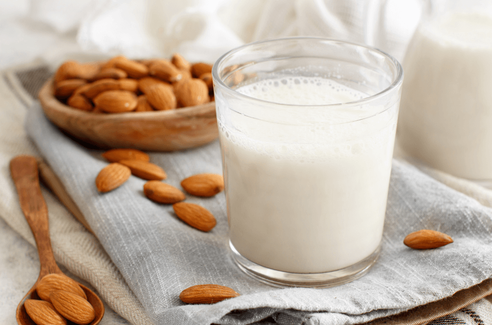 Vegan almond milk, non dairy alternative milk in a glass