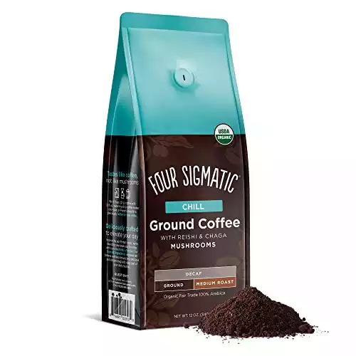 Organic Decaf Ground Coffee by Four Sigmatic | Swiss Water Decaf Coffee Ground | Decaffeinated Coffee with Chaga & Reishi Mushroom Extracts | Decaf Coffee for Immune Support & Stress Relief