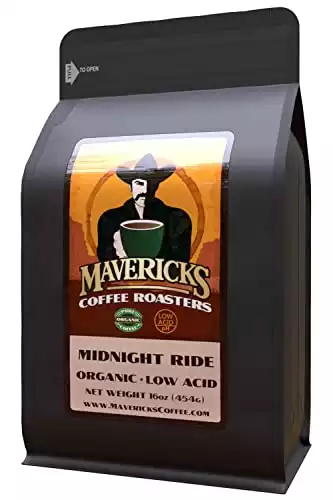 Mavericks Low Acid Coffee - Midnight Ride Blend - 100% Organic Ingredients (Coffee Ground) 16 oz - Bold and Smooth Dark Roast with 90% Less Acid - Safe for GERD and Keto Diets