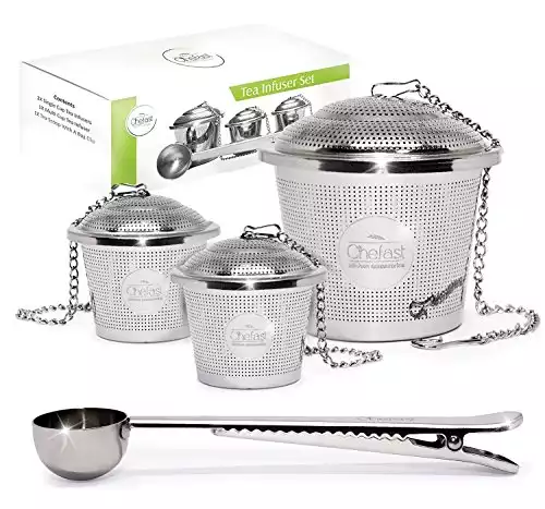 Chefast Tea Infuser Filter Mesh Set (2+1 Pack) - Combo Kit of 1 Large and 2 Single Cup Infusers, Plus Metal Scoop with Clip - Reusable Stainless Steel Strainers and Steeper for Loose Leaf Teas