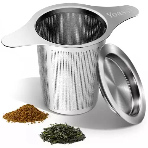 Yoassi Extra Fine 18/8 Stainless Steel Tea Infuser Mesh Strainer with Large Capacity & Perfect Size Double Handles for Hanging on Teapots, Mugs, Cups to Steep Loose Leaf Tea and Coffee