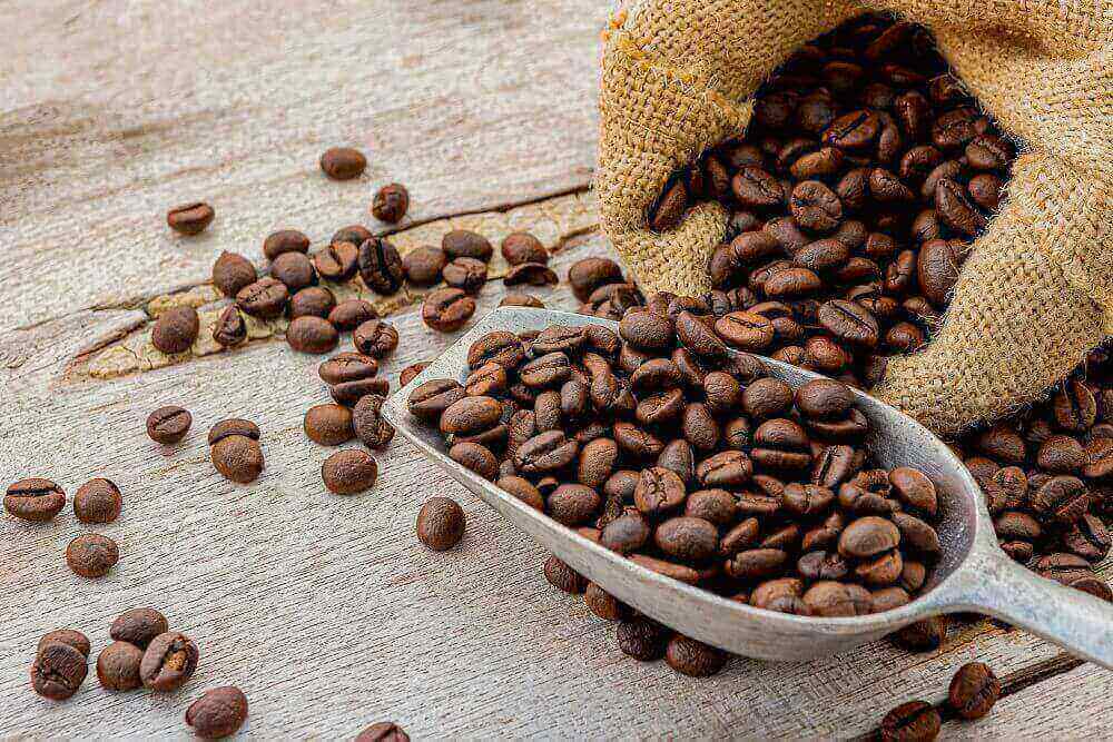 Dark roasted coffee beans with scoop on wooden background