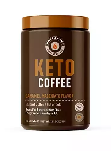 Rapidfire Ketogenic Fair Trade Instant Keto Coffee Mix, Supports Energy and Weight Management, Metabolism Booster, Grass Fed Butter, MCTs & Himalayan Salt, 15 servings, Caramel Macchiato Flavor