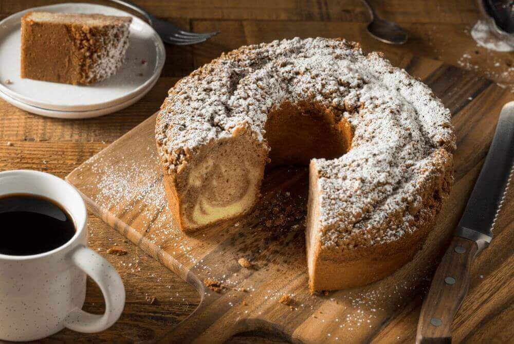 Homemade cinnamon coffee cake with powdered sugar