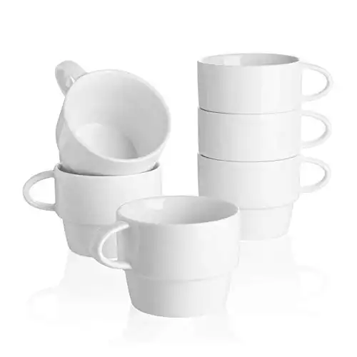 Sweese 407.001 Porcelain Latte Cups - Stackable Coffee Cups - 10 Ounce for Specialty Coffee Drinks, Cappuccino, Mocha and Tea - Set of 6 - White