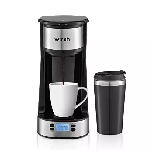 Wirsh Single Serve Coffee Maker- Small Coffee Maker with Programmable Timer and LCD display, Single Cup Coffee Maker with 14 oz.Travel Mug and Reusable Coffee Filter,NON-POD Coffee Maker,Black