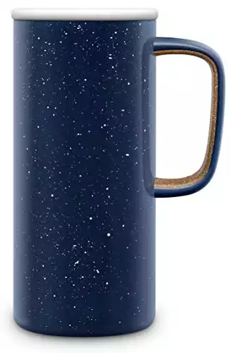 Ello Campy Vacuum Insulated Travel Mug with Leak-Proof Slider Lid and Comfy Carry Handle, Perfect for Coffee or Tea, BPA Free, Xavier Navy, 18oz