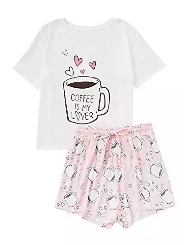 DIDK Women's Cute Cartoon Print Tee and Shorts Pajama Set Coffee Pink Large