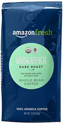 AmazonFresh Organic Fair Trade Sumatra Whole Bean Coffee, Dark Roast, 12 Ounce