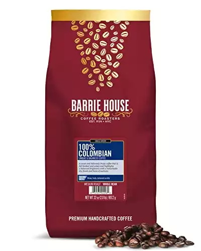 Barrie House 100% Colombian Single Origin Whole Bean Coffee | Premium Coffee | Medium Roast | Full-Bodied and Balanced Acidity | 2.0 lb Bag | 100% Arabica Coffee Beans