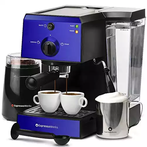 EspressoWorks All In One Barista Bundle Set, 7 Piece Espresso Machine, Cappuccino Maker, Professional Coffee And Latte Machine With Milk Frother and Small Espresso Grinder, 1350W, (Blue)