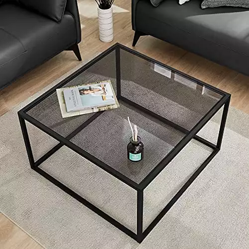 SAYGOER Glass Coffee Table, Small Modern Coffee Table Square Simple Center Tables for Living Room 26.7 x 26.7 x 15.7 Inches, Gray Black