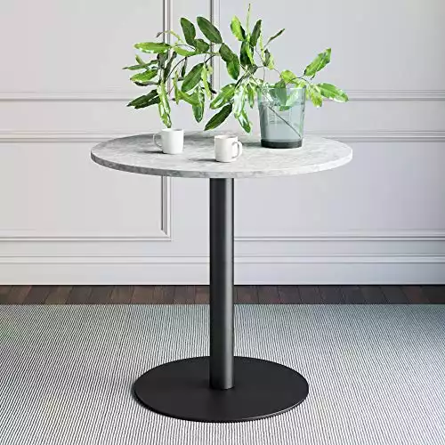 Nathan James Bistro Lucy Small Mid-Century Modern Kitchen or Dining Table with Faux Carrara Marble Top and Brushed Metal Pedestal Base, Black, 31.5D x 31.5W x 29H in