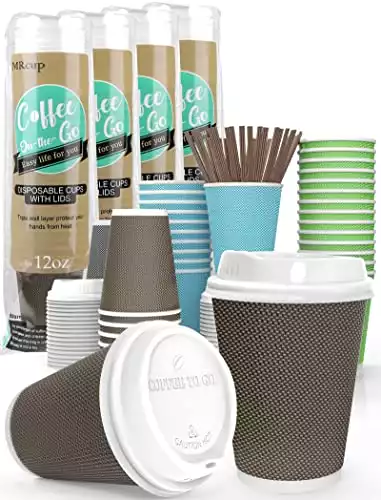 MRcup 12 oz Hot Beverage Heat-free Coffee Cups with Lids and Straws, Insulated Triple Wall Leak-free Disposable Coffee Cups, Anti-slip Anti-spill Togo Reusable Paper Cups, Brown [40 Packs]