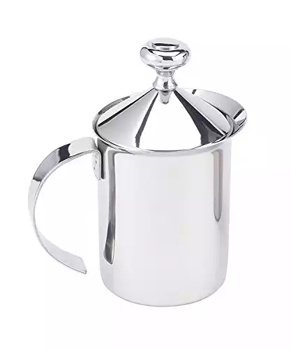Fino Milk Creamer Frother Cappuccino Foam Pitcher with Handle and Lid, 18/8 Stainless Steel, 14-Ounce Capacity