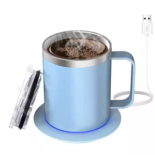 Heated Coffee Mug with Double-Layer 18/8 Stainless Steel,131℉ Self Heating Coffee Mug,Coffee Warmer with Mug Set for Desk,Appreciation Gifts,Coffee Gifts (12oz Cerulean)