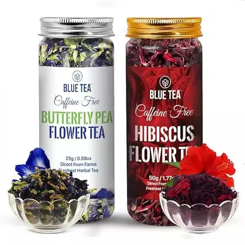 BLUE TEA - Combo Pack - Butterfly Pea Flower Tea (0.88 Oz) & Hibiscus Flower Tea (1.76 Oz) l Caffeine Free Herbal Tea - Vegan - Gluten Free - GMO-Free