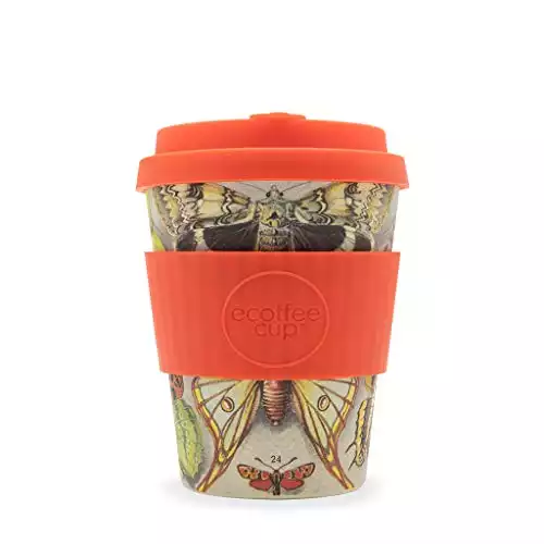Ecoffee 12oz 340ml Reusable Cups with Silicone Lid Tops, Made with Natural Bamboo Fibre, Farfalle