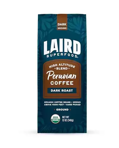 Laird Superfood Peruvian Dark Roast Caffeinated Ground Coffee, Ethically Sourced Premium Ground Coffee, Gluten-Free, Dairy-Free, Non-GMO, Paleo, Keto Friendly, 12 oz. Bag