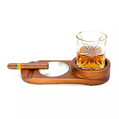 Cigar Ashtray and Whiskey Glass Tray, Father's Day Gift, Retirement Gift, Wooden Cigar Ashtray, Slot to Hold Cigar, Cigar Rest, Cigar Accessory Set Gift for Men/Round