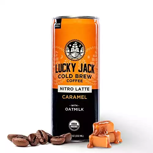 Lucky Jack Cold Brew Coffee Caramel - Draft Pour Nitro Latte w/Oat Milk, 130mg Caffeine Per Serving - Gluten Free, Nut Free, Kosher & USDA Certified Organic - (12 Pack, 7.5oz Cans)
