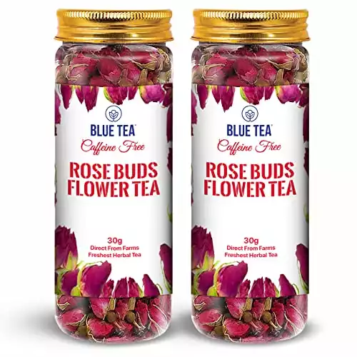 BLUE TEA - Rose Buds Tea - 2.11 Oz (Pack of 2) | Natural Sun Dried Buds, Caffeine-free Herbal Tea, Rich in VIT - C | Recycled Food Grade Pet Jar |