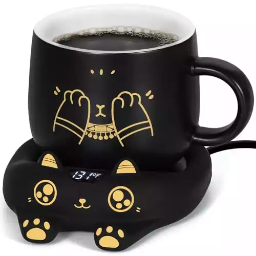 PUSEE Coffee Mug Warmer & Cute Cat Mug Set, Coffee Cup Warmer for Desk