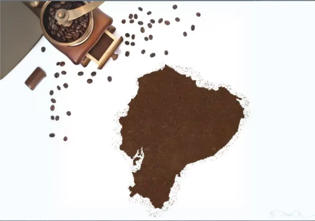 Coffee powder in the shape of Ecuador and a decorative coffee mill