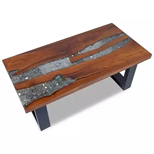 vidaXL Handmade Solid Teak and Mango Wood Coffee Table with Transparent Resin Decoration, Industrial Style, Multicolored, 39.4"x19.7"x15.7"