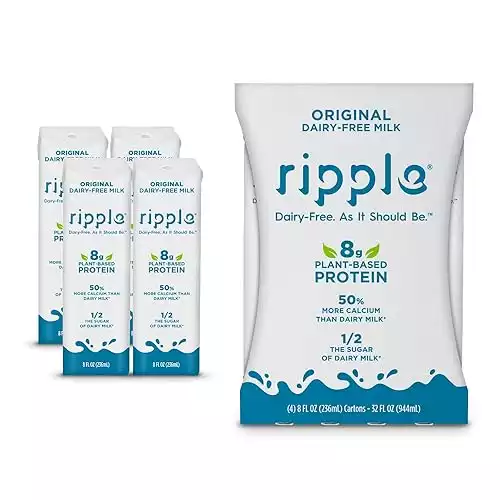 Ripple Non-Dairy Milk, Original | Vegan Milk With 8g Pea Protein| Shelf Stable Single Serve Cartons | On-The-Go | Non-GMO, Plant Based, Gluten Free | 8 oz, Pack of 4
