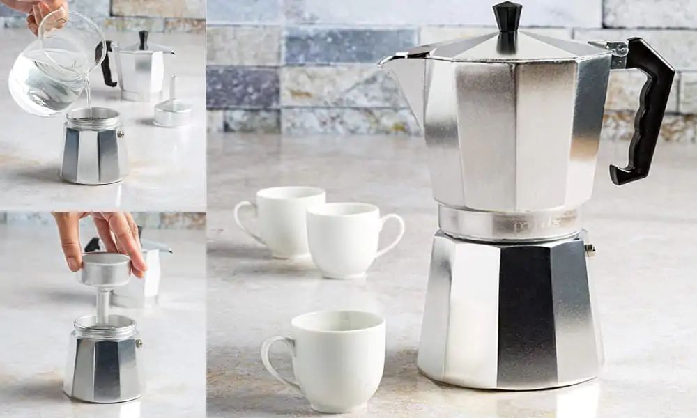Different photos of an Italian coffee maker