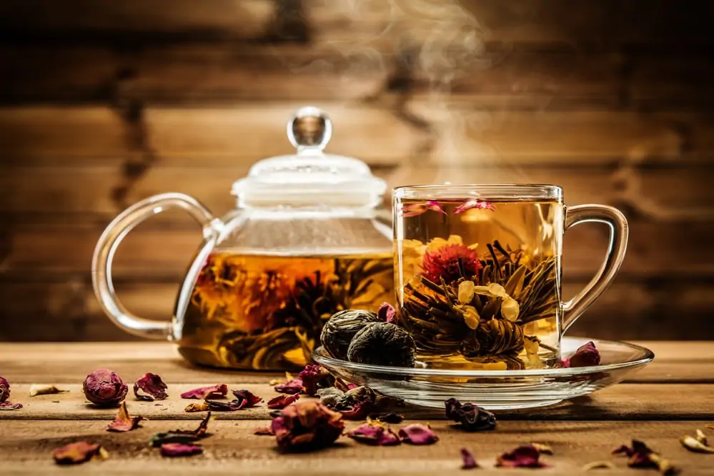 Herbal tea in a glass mug.