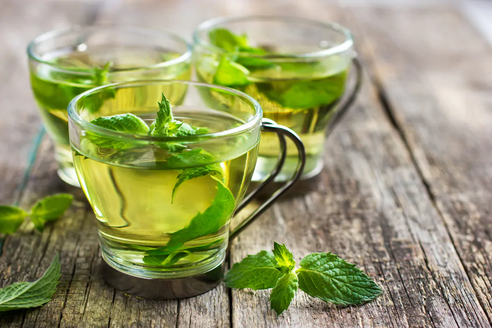 Hot mint tea in glass cup on wooden background, selective focus