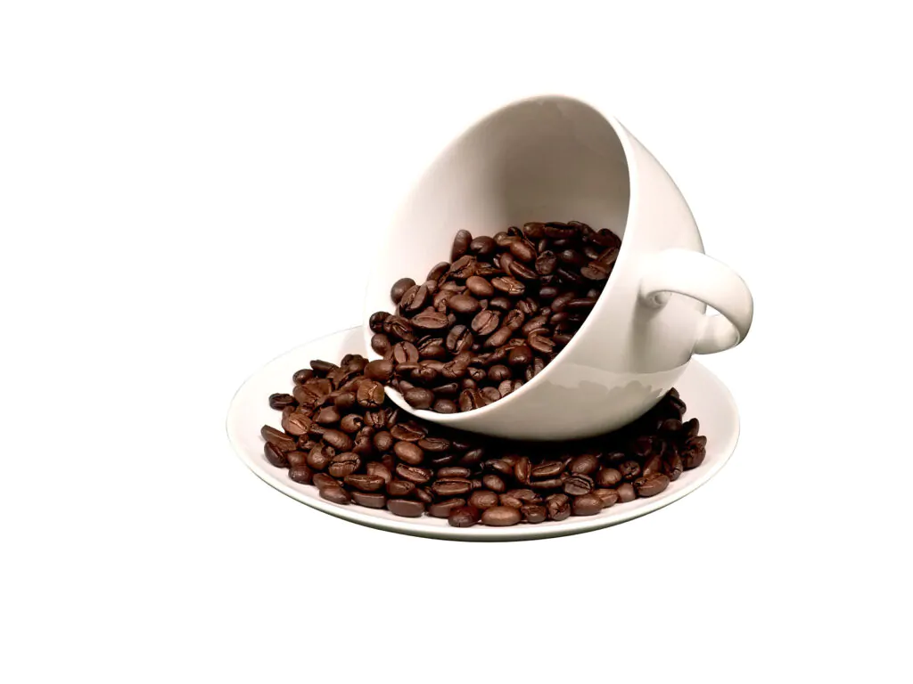 a white cup of coffee beans  with coffee beans in a saucer.